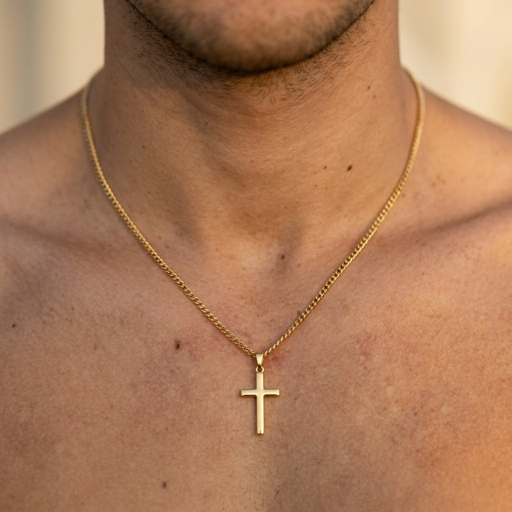 Men's Curb Link Cross Pendant Necklace