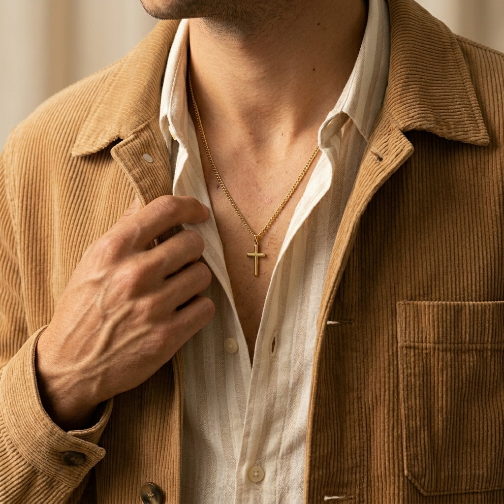 Men's Curb Link Cross Pendant Necklace