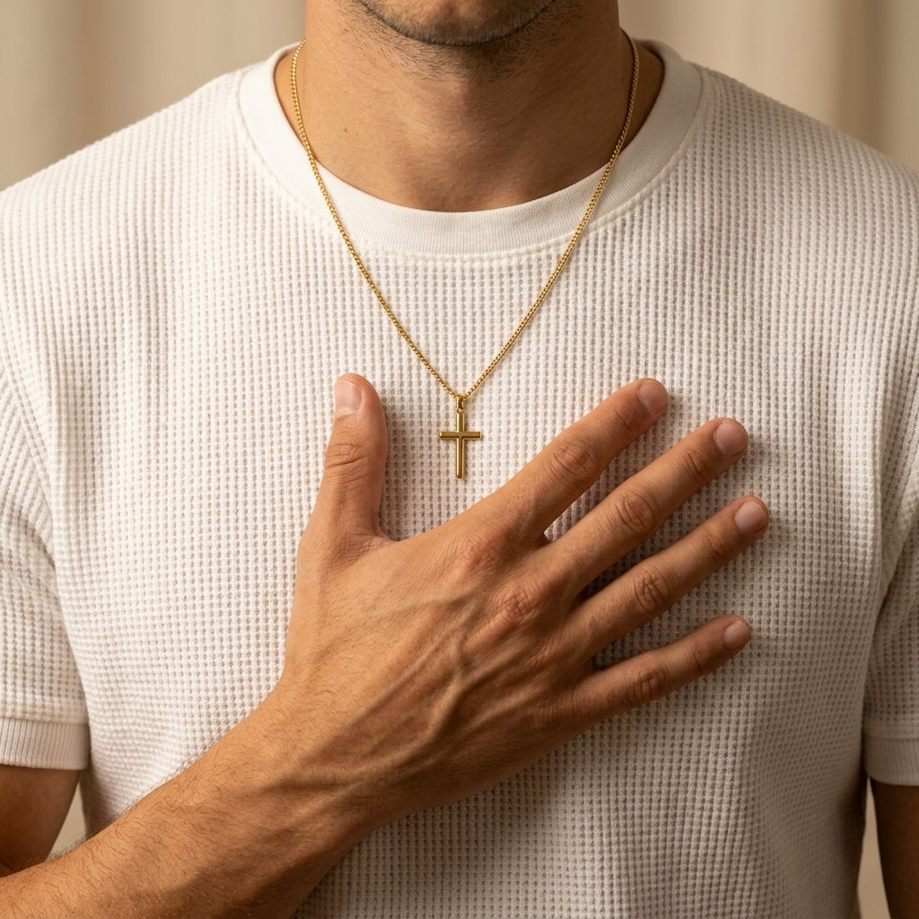 Men's Curb Link Cross Pendant Necklace