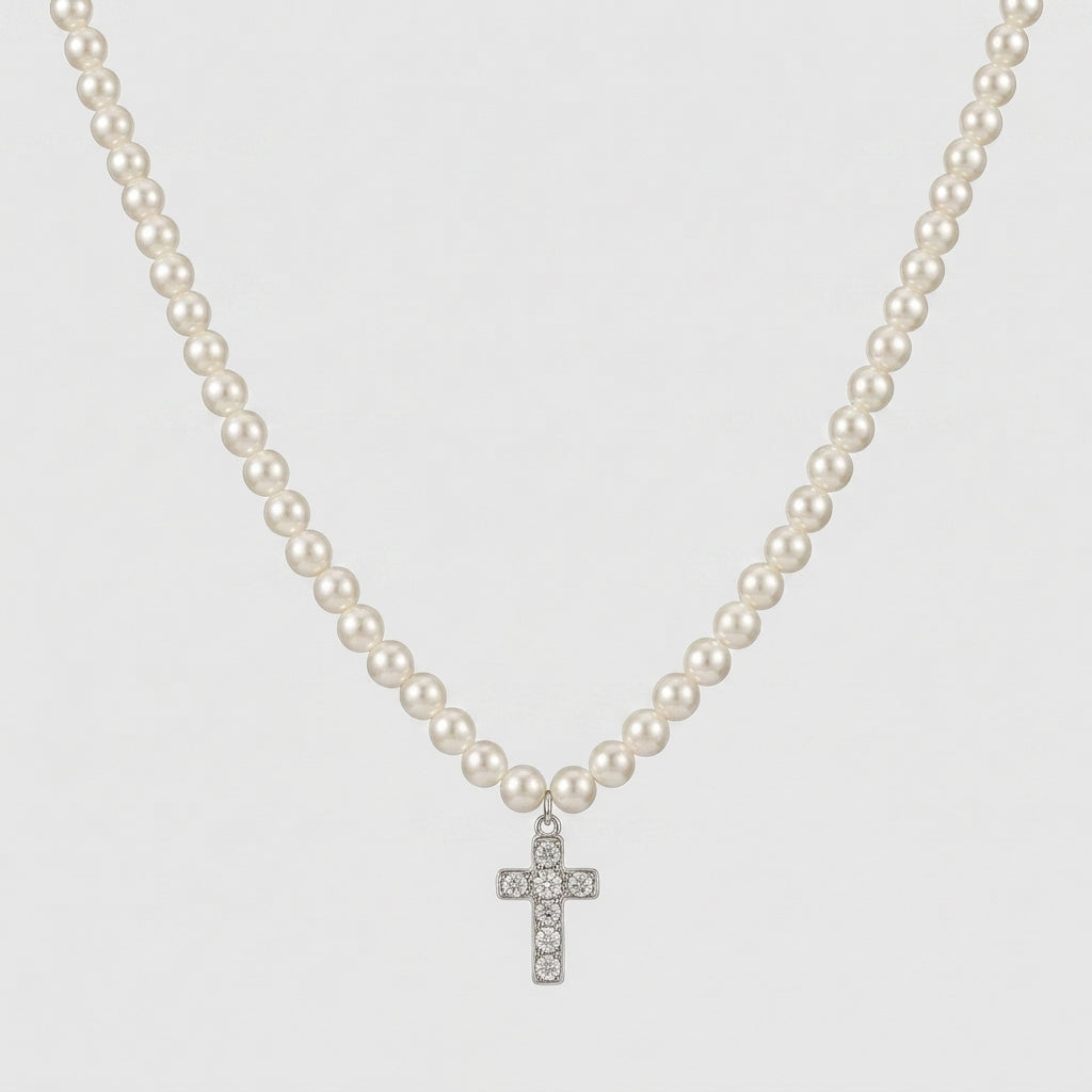 Men's Faux Pearl Cross Pendant Necklace