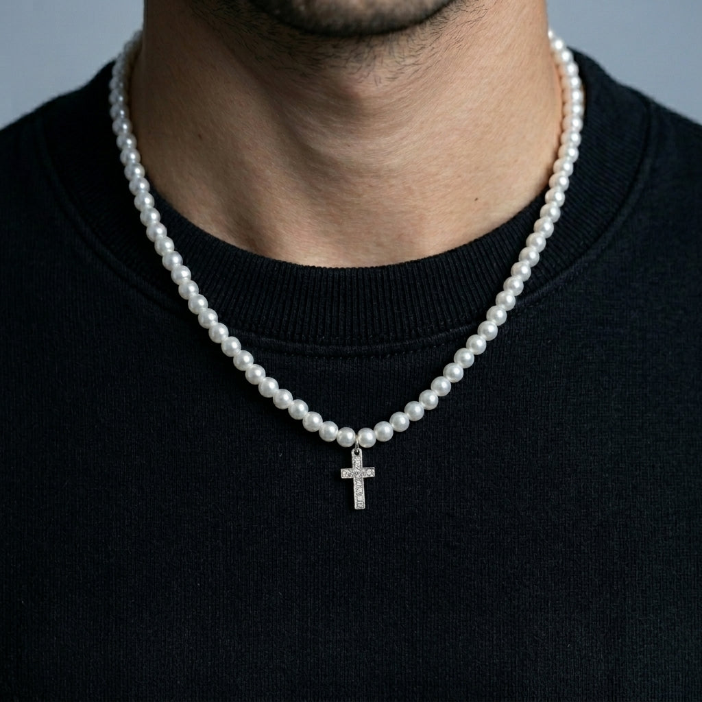 Men's Faux Pearl Cross Pendant Necklace