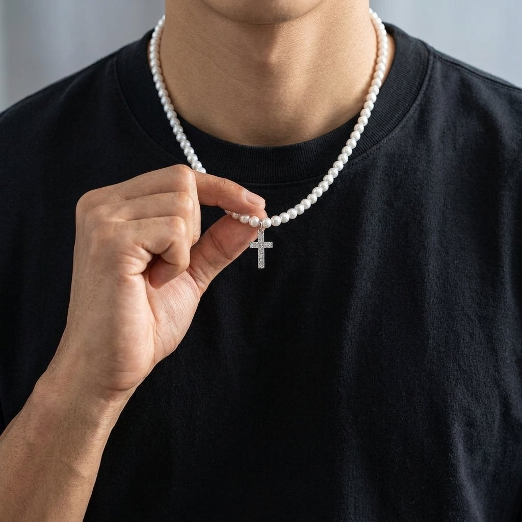 Men's Faux Pearl Cross Pendant Necklace