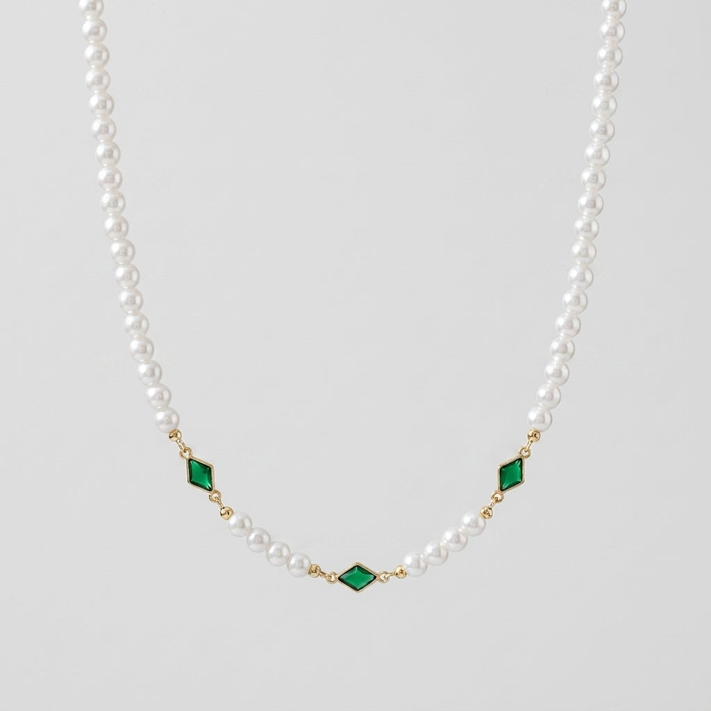 Men's Faux Pearl Green Stone Necklace