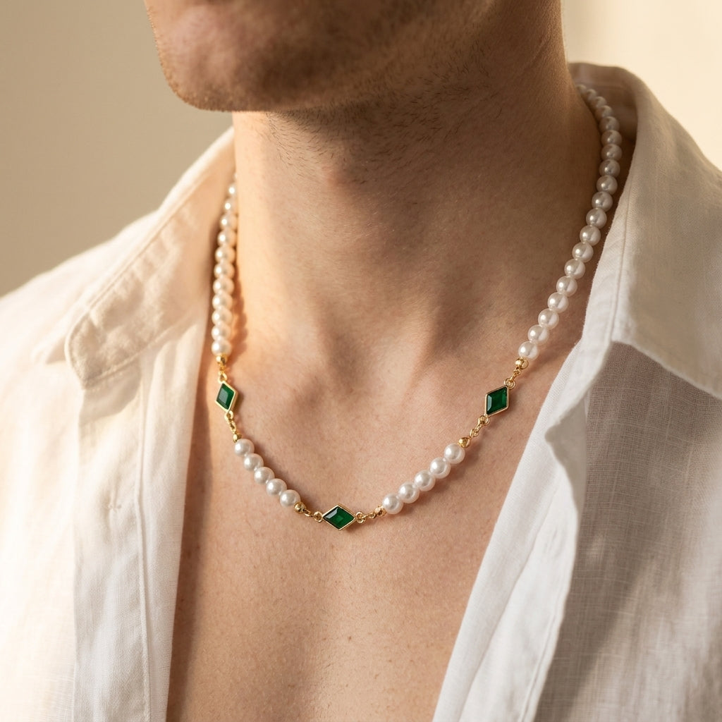 Men's Faux Pearl Green Stone Necklace