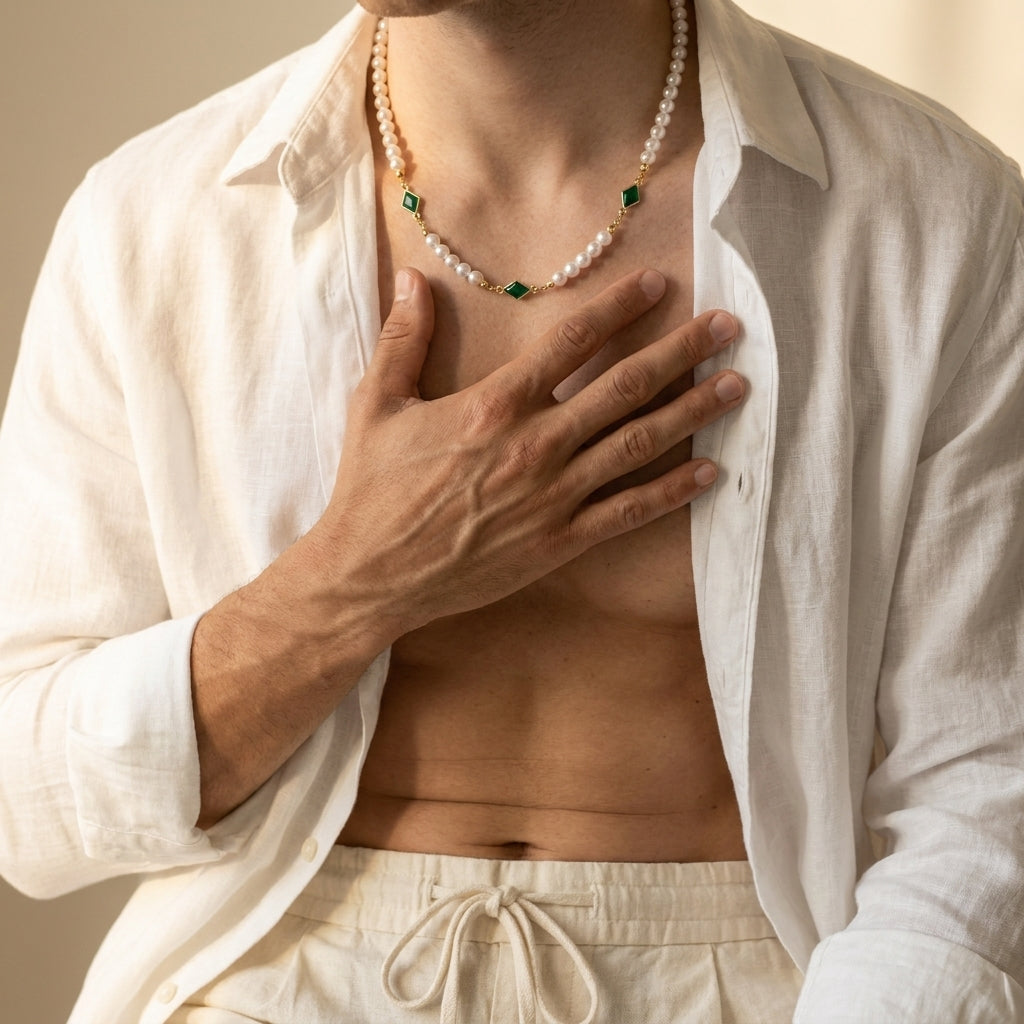 Men's Faux Pearl Green Stone Necklace