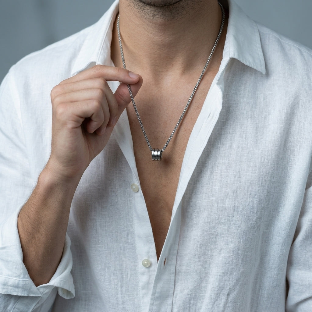 Men's Ribbed Barrel Pendant Necklace