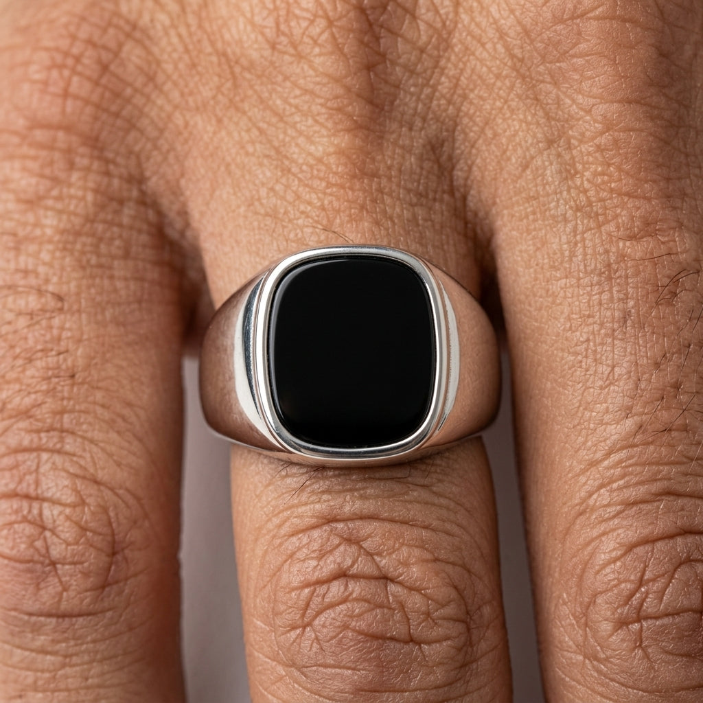 Men's Square Black Stone Ring