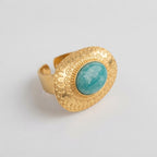 Women's Aqua Stone Engraved Shield Ring