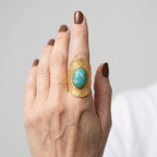Women's Aqua Stone Engraved Shield Ring