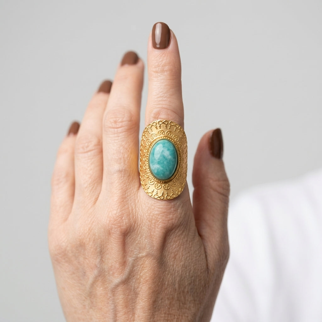 Women's Aqua Stone Engraved Shield Ring