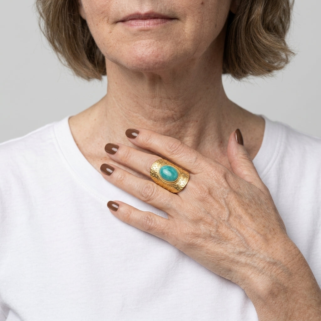 Women's Aqua Stone Engraved Shield Ring