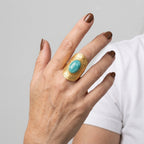 Women's Aqua Stone Engraved Shield Ring
