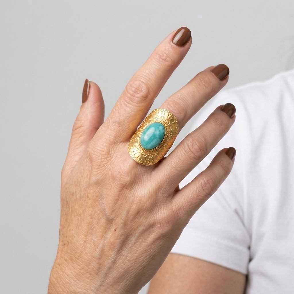 Women's Aqua Stone Engraved Shield Ring