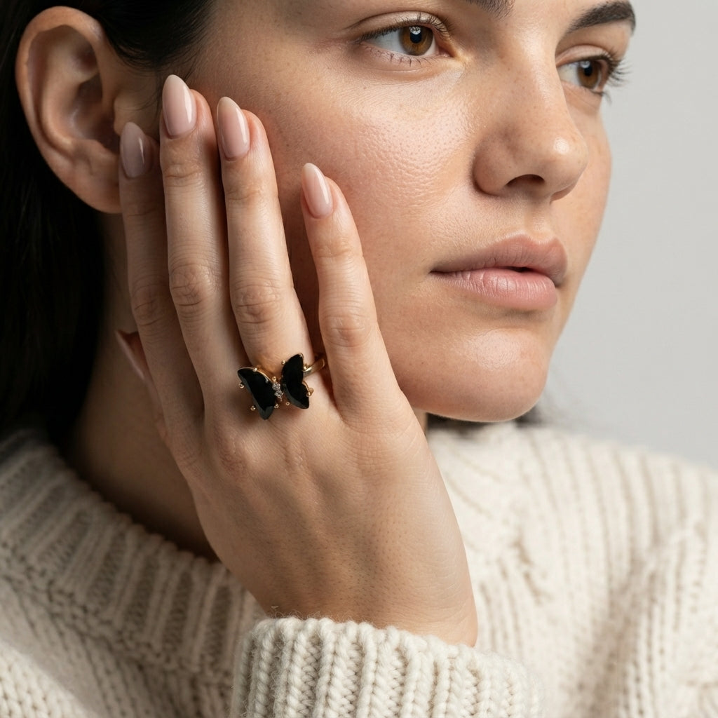 Women's Black Stone Butterfly Ring