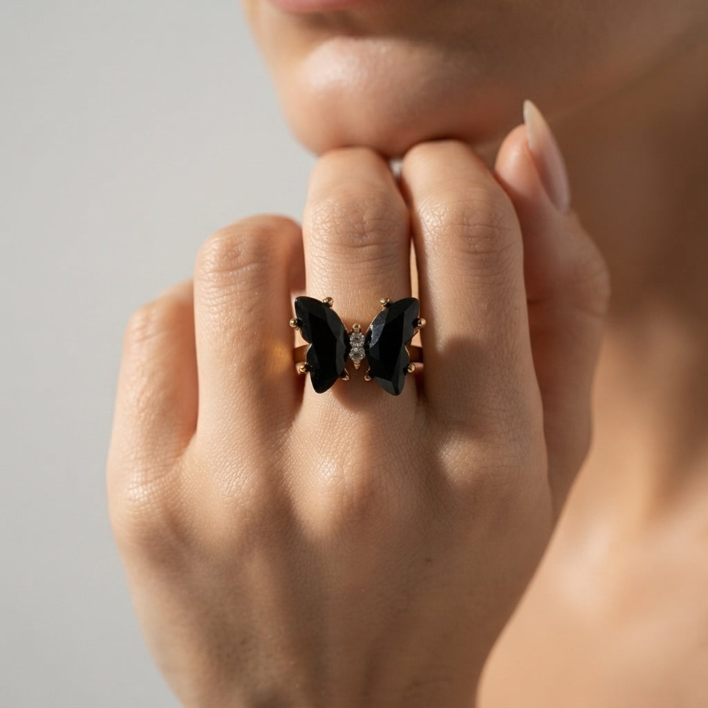 Women's Black Stone Butterfly Ring