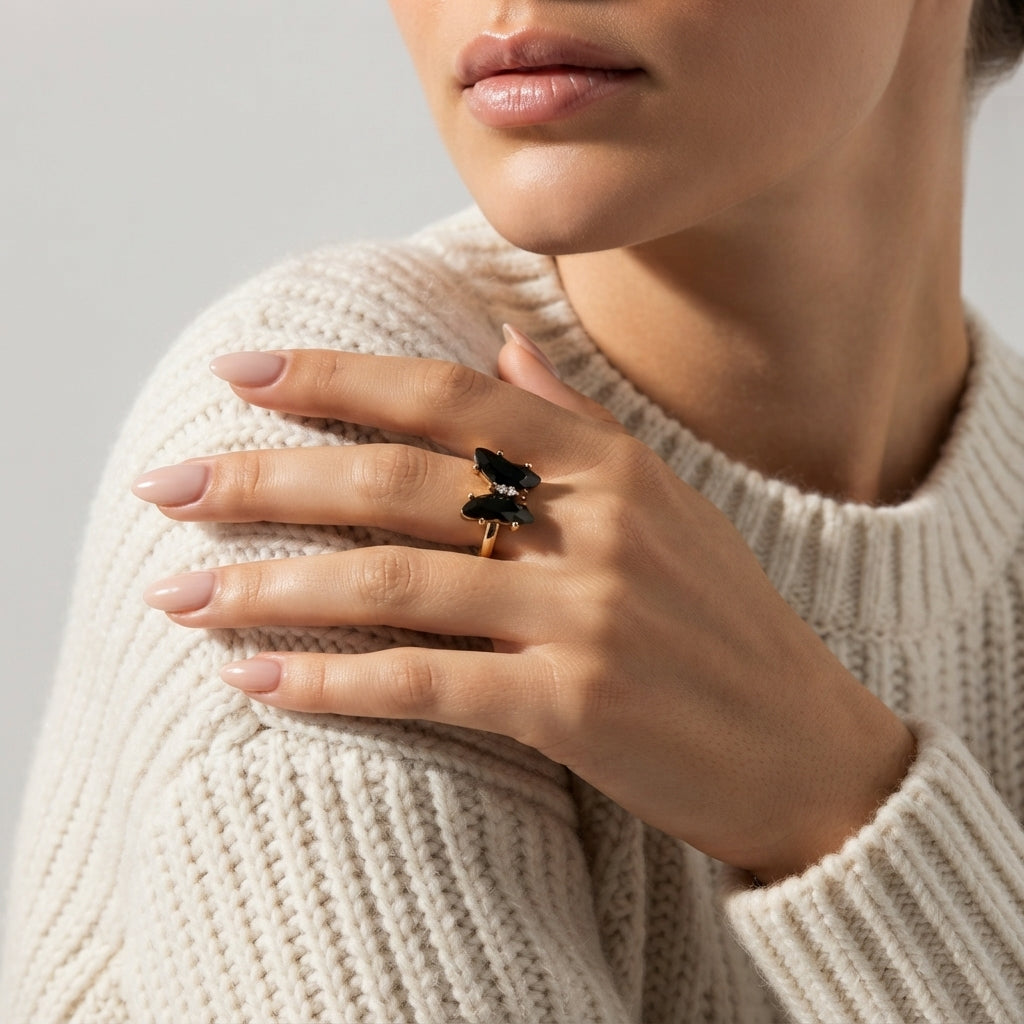 Women's Black Stone Butterfly Ring