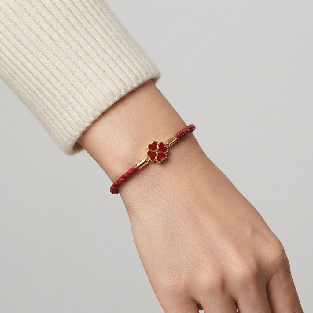 Women's Braided Leather Clover Charm Bracelet