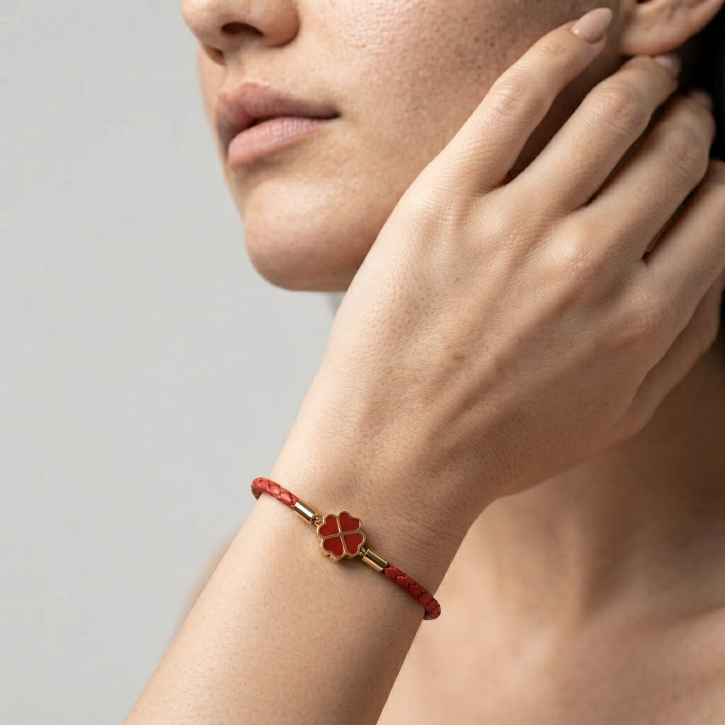 Women's Braided Leather Clover Charm Bracelet
