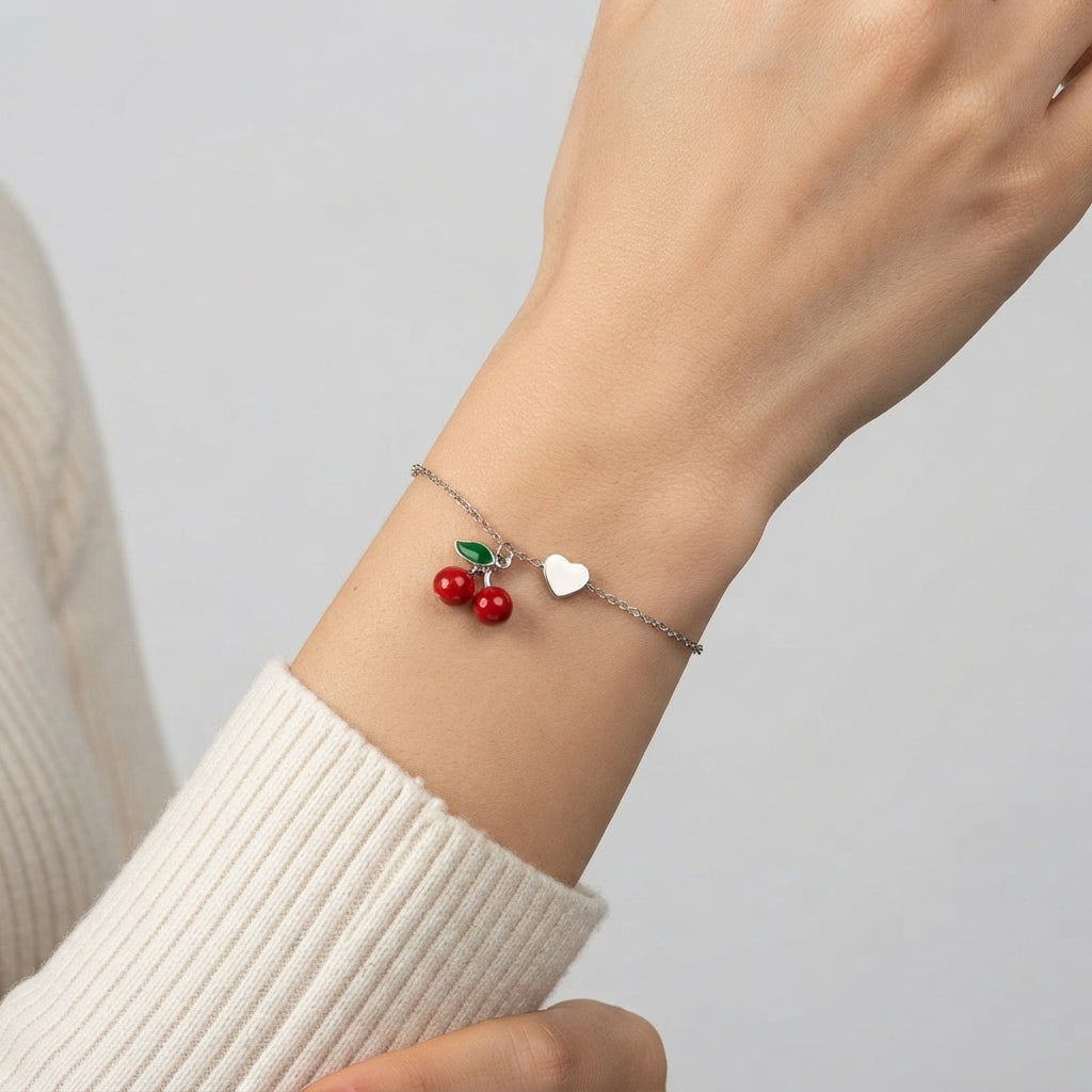 Women's Cherry Heart Charm Bracelet
