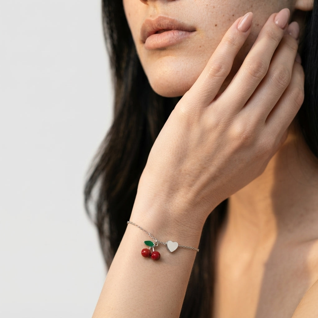 Women's Cherry Heart Charm Bracelet