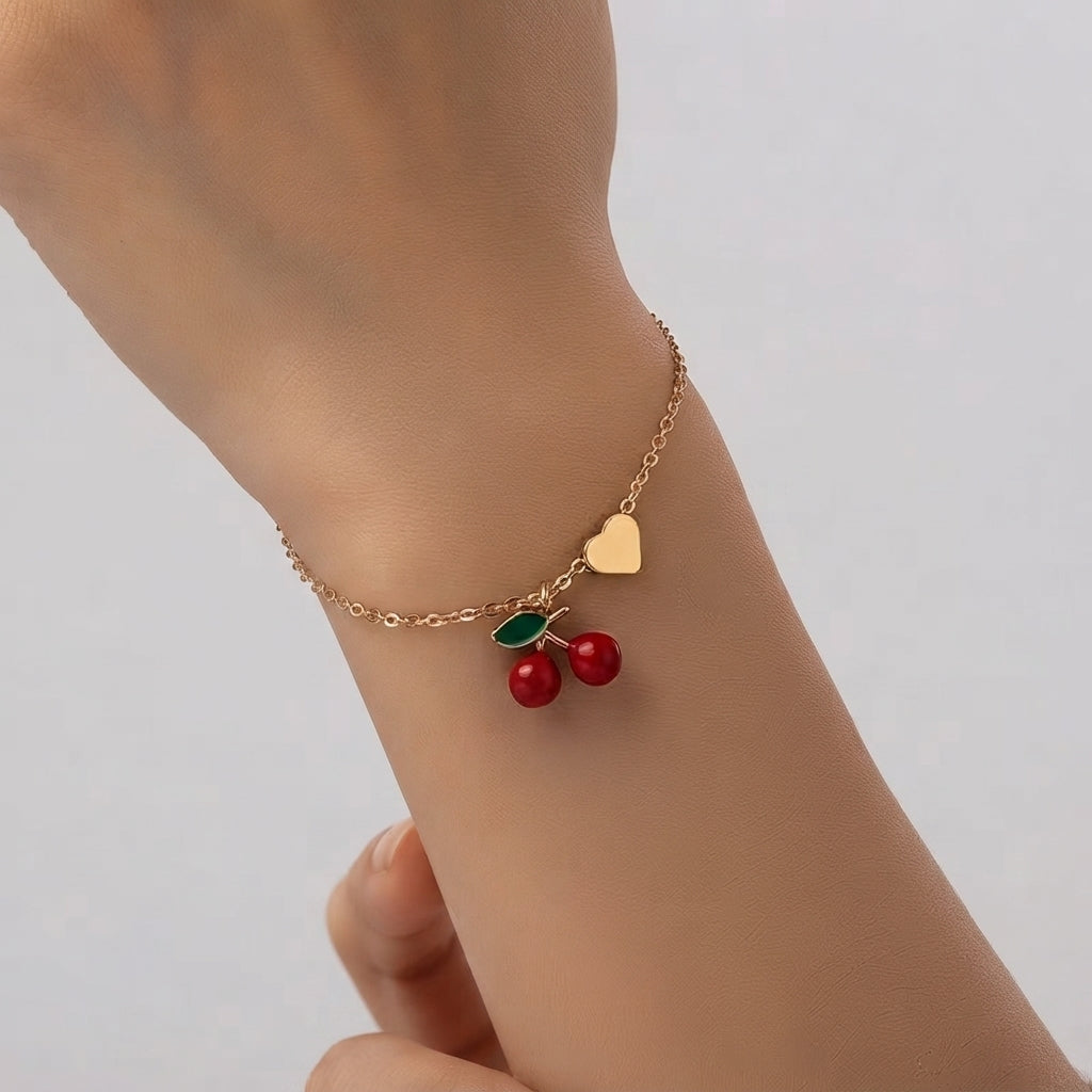 Women's Cherry Heart Charm Bracelet