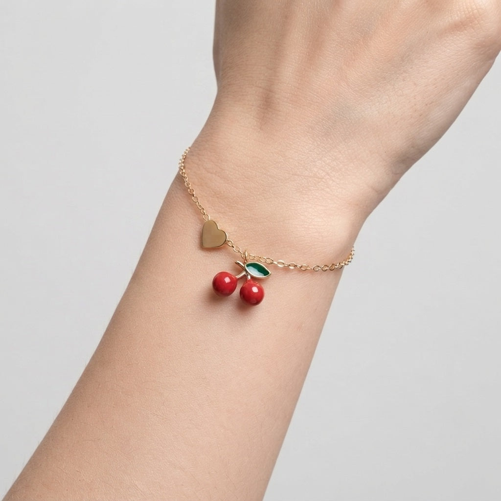 Women's Cherry Heart Charm Bracelet