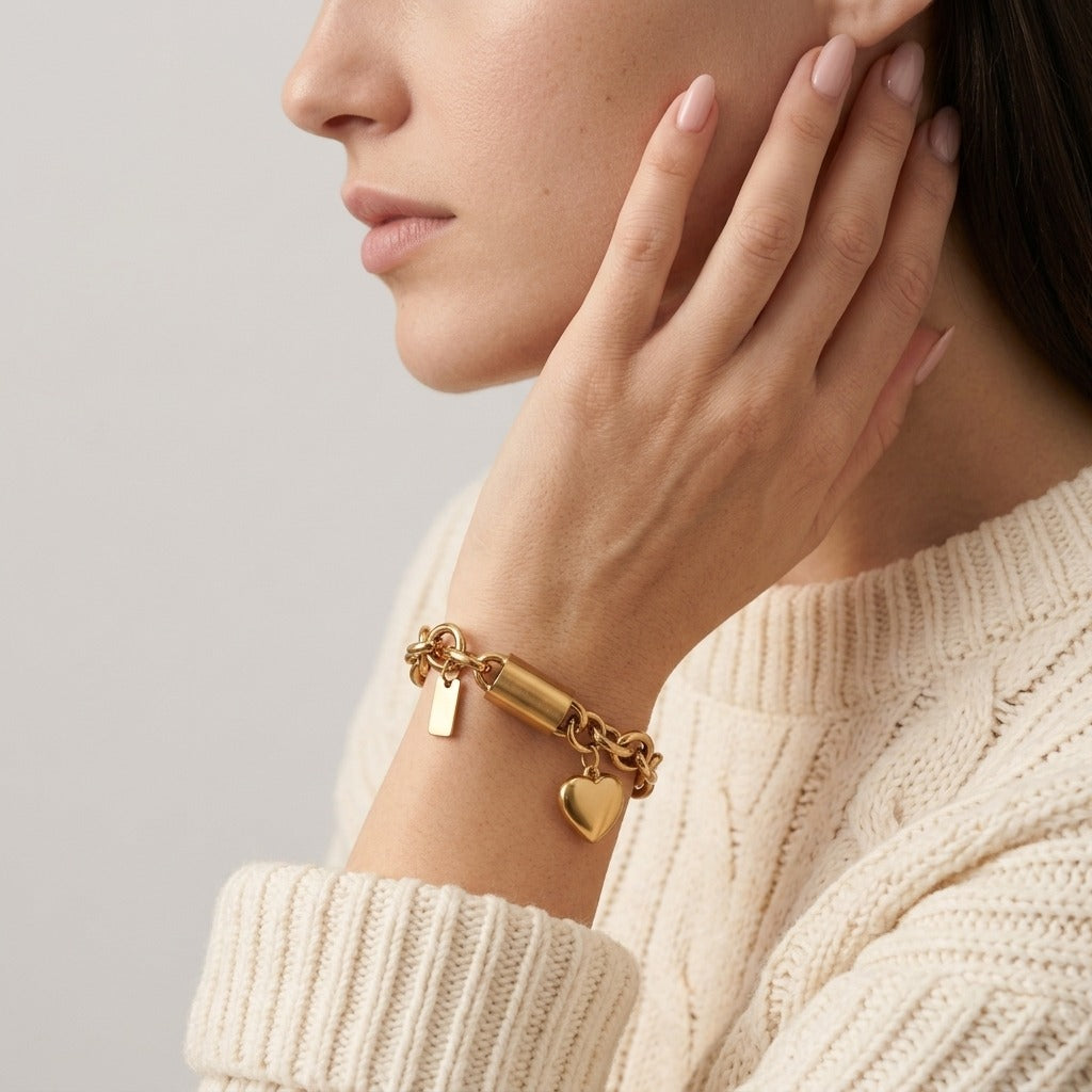 Women's Chunky Link Heart Charm Bracelet