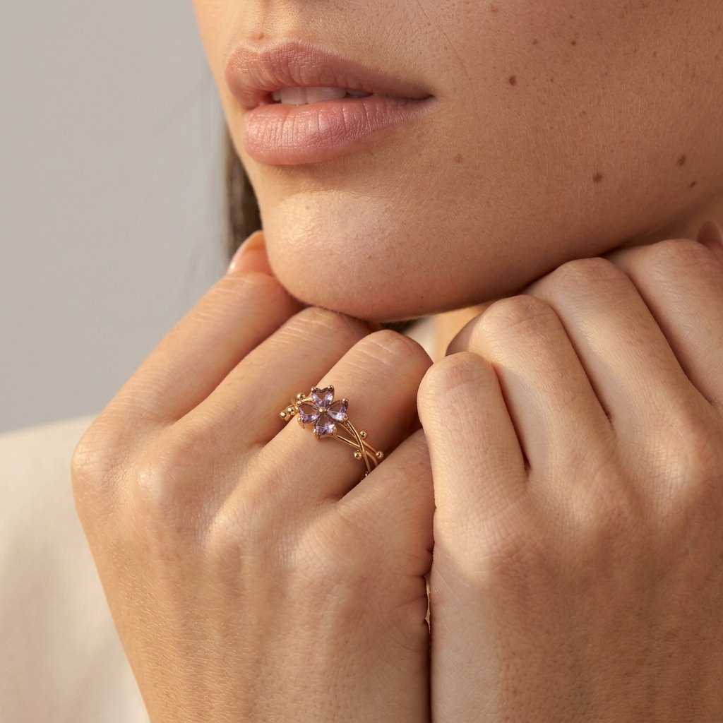 Women's Clover Purple Stone Ring