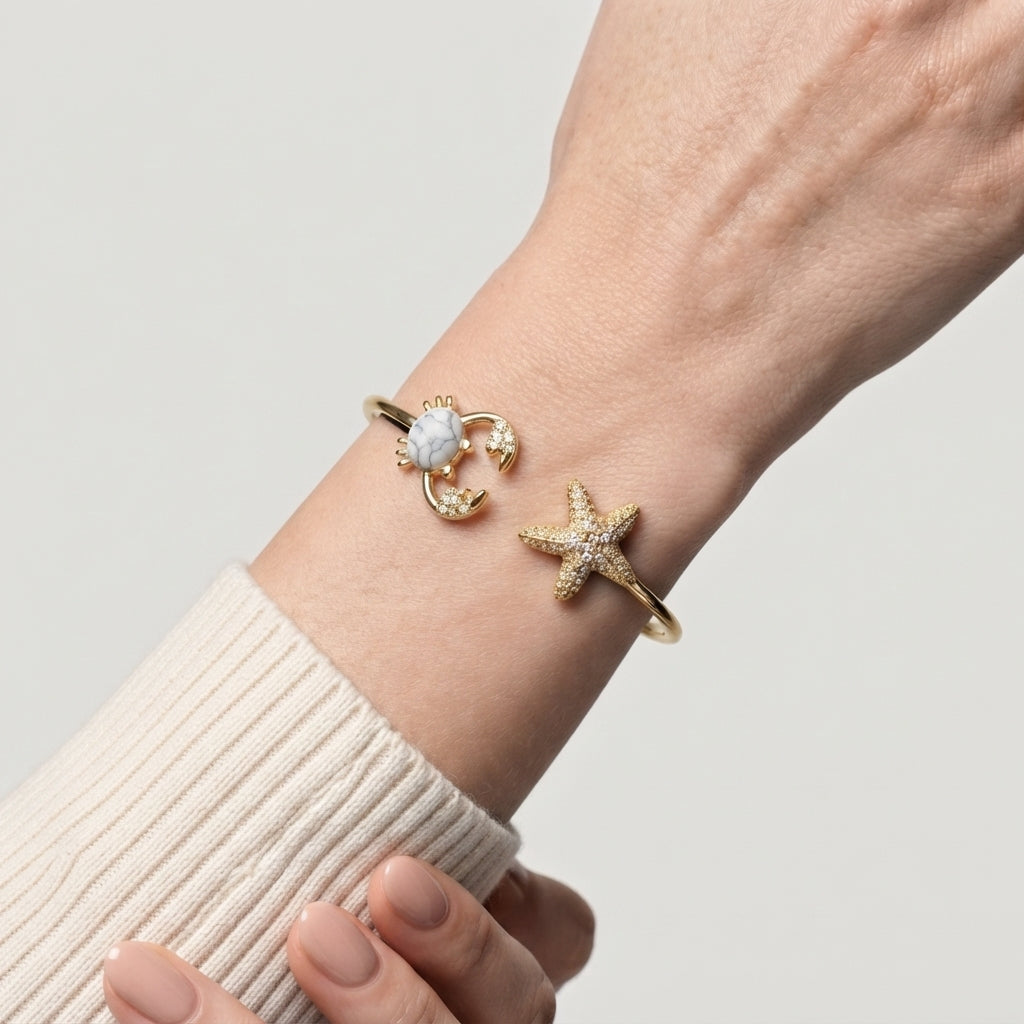Women's Crab Starfish Charm Cuff Bracelet
