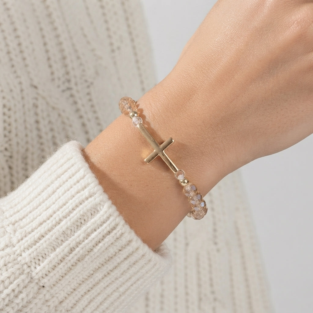 Women's Cross Faceted Bead Elastic Bracelet
