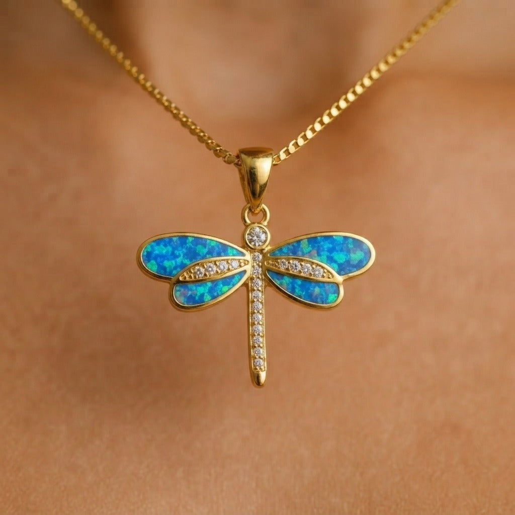 Women's Dragonfly Natural Stone Pendant Necklace
