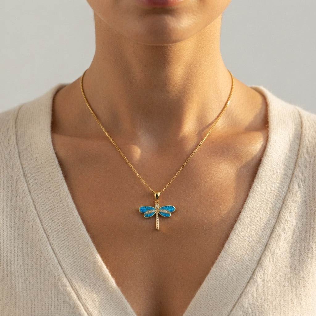 Women's Dragonfly Natural Stone Pendant Necklace