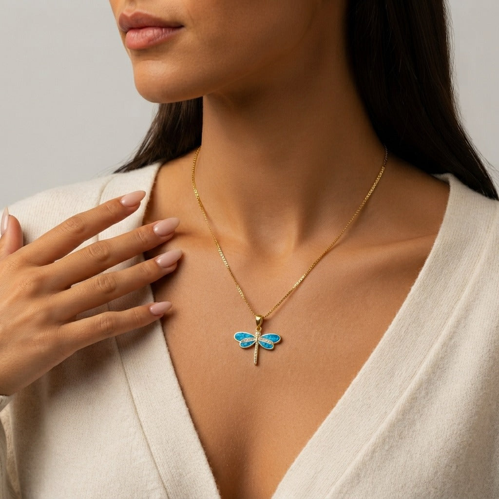 Women's Dragonfly Natural Stone Pendant Necklace