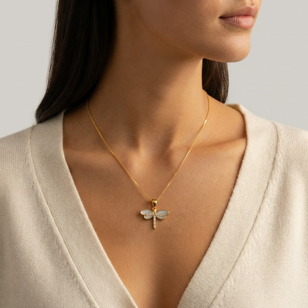 Women's Dragonfly Natural Stone Pendant Necklace