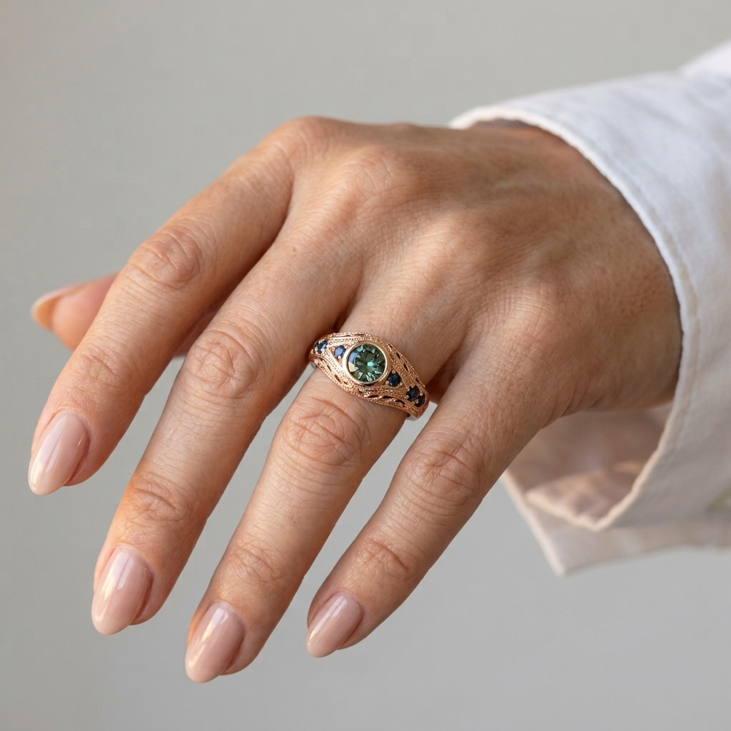 Women's Engraved Green Stone Ring