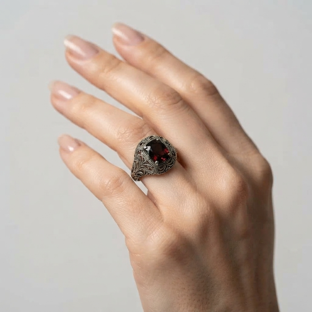 Women's Engraved Red Stone Filigree Ring