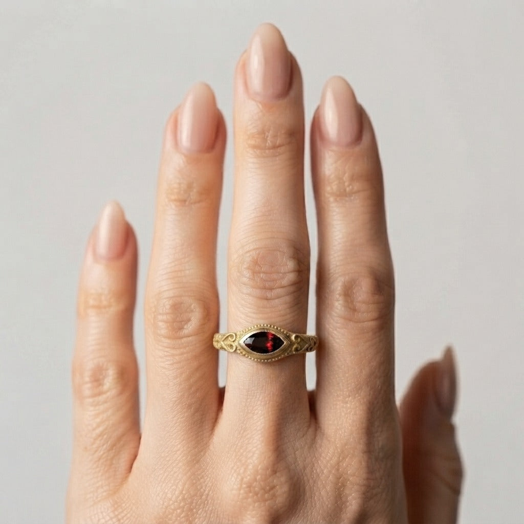 Women's Engraved Red Stone Ring