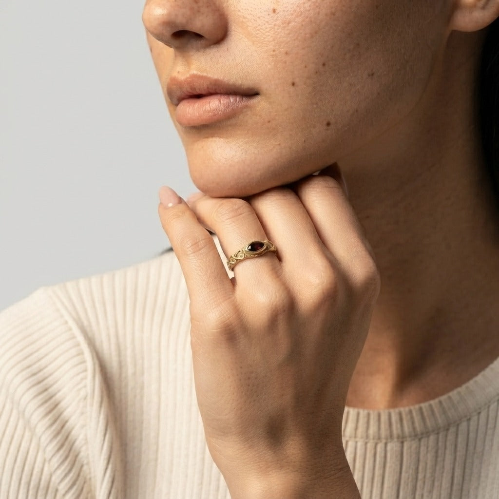 Women's Engraved Red Stone Ring