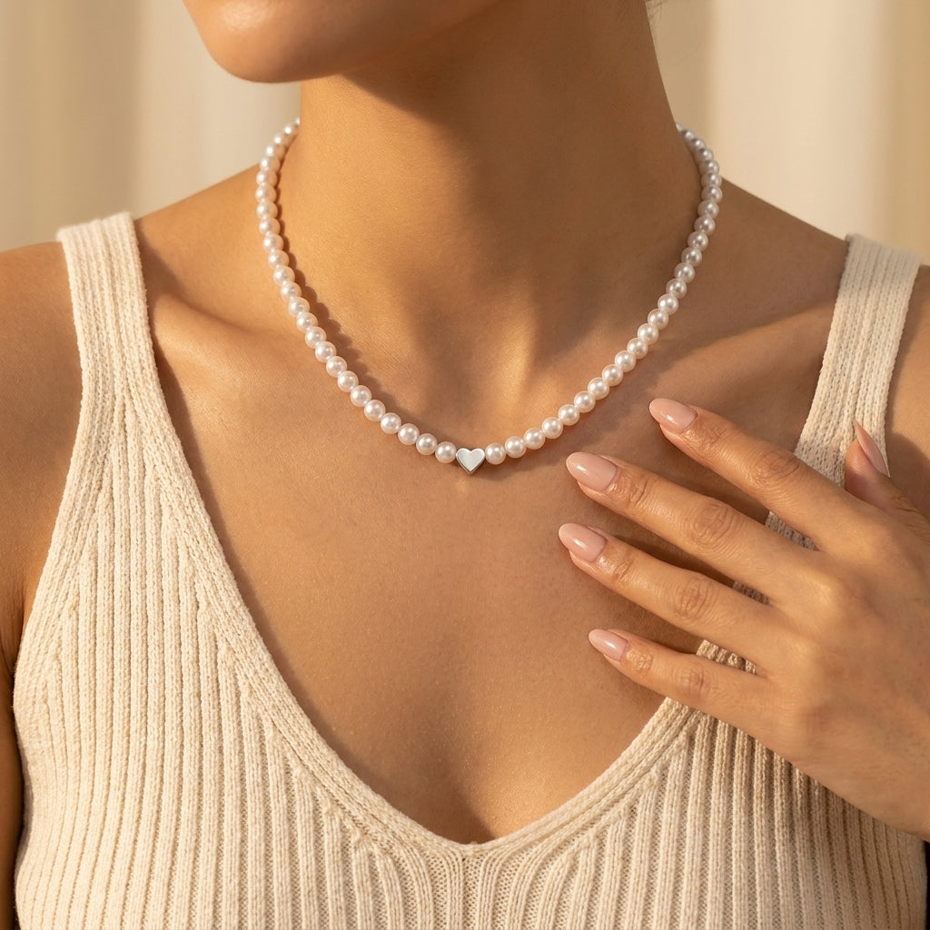 Women's Faux Pearl Heart Necklace