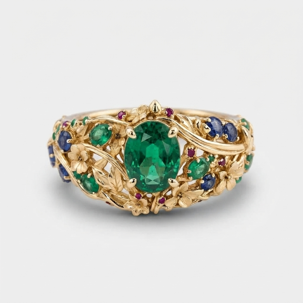 Women's Floral Green Stone Ring