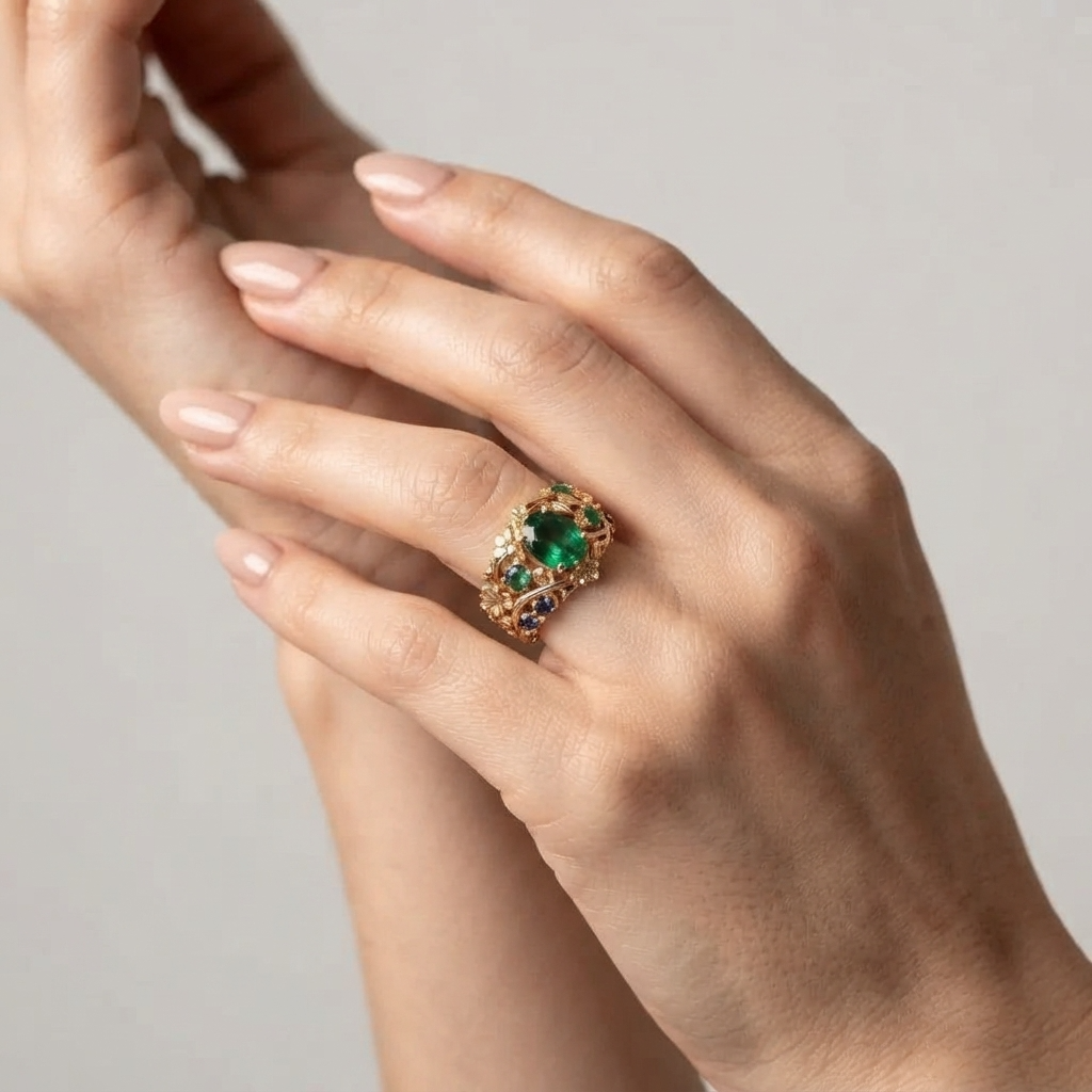 Women's Floral Green Stone Ring