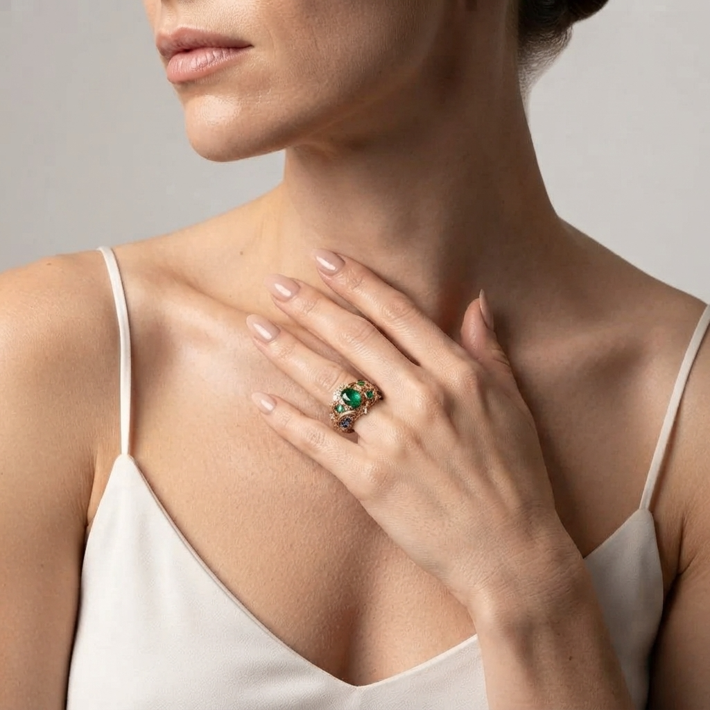 Women's Floral Green Stone Ring