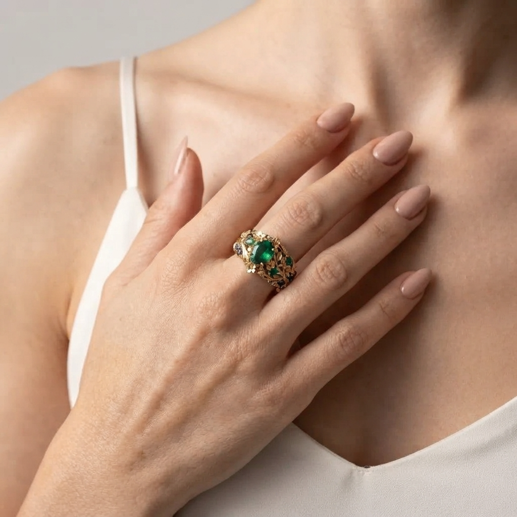 Women's Floral Green Stone Ring