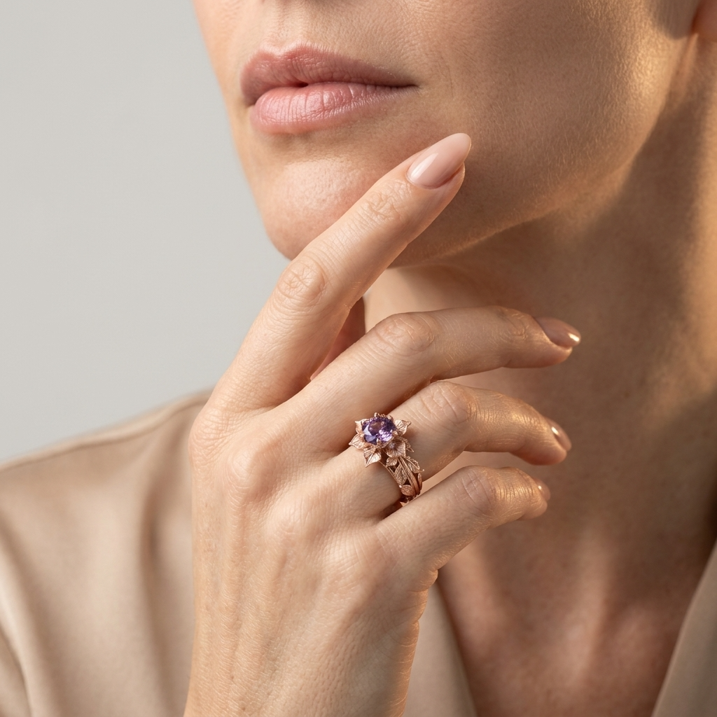 Women's Floral Purple Stone Ring