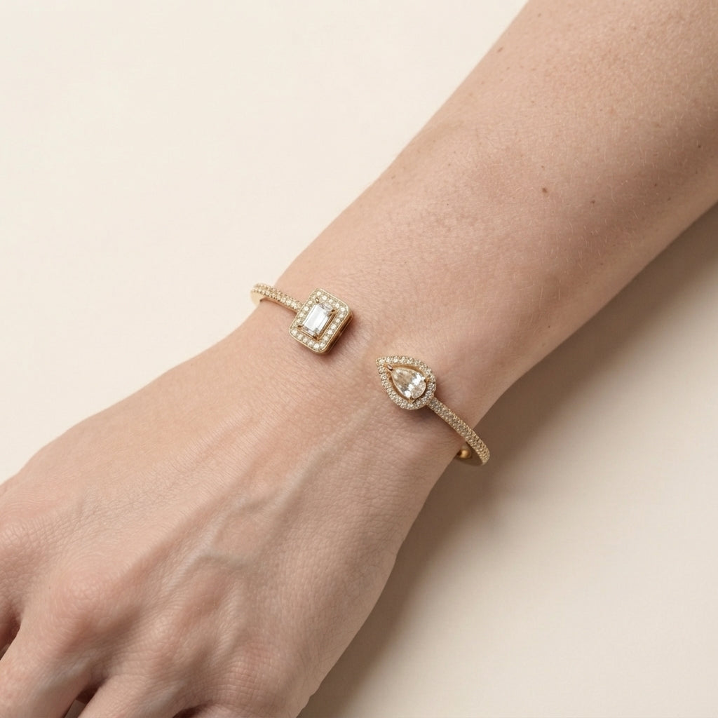Women's Geometric Crystal Stone Open Cuff Bangle