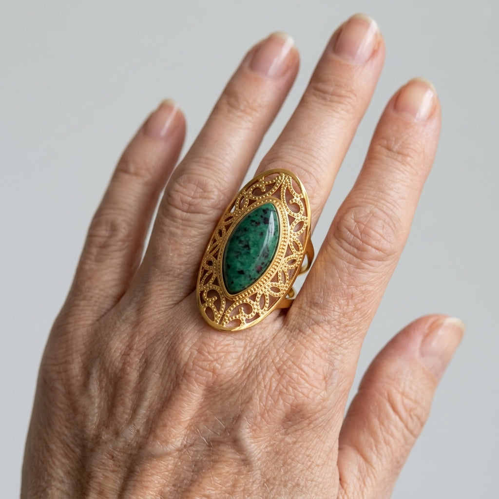 Women's Green Stone Filigree Oval Ring