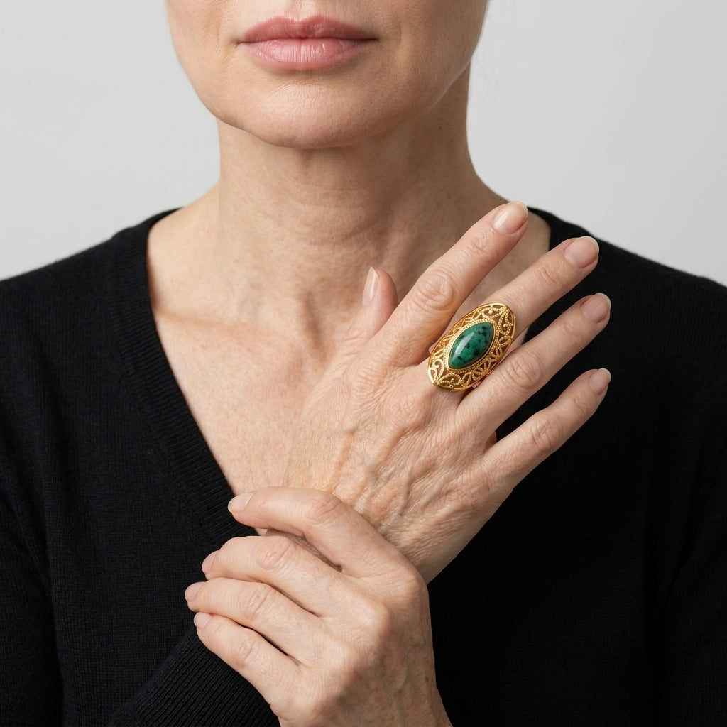 Women's Green Stone Filigree Oval Ring