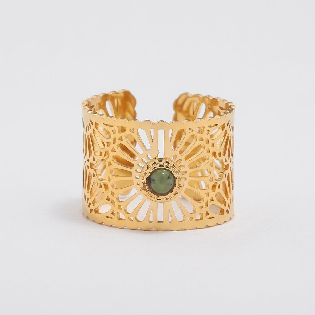 Women's Green Stone Mandala Wide Ring