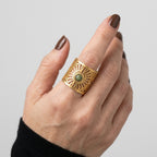 Women's Green Stone Mandala Wide Ring