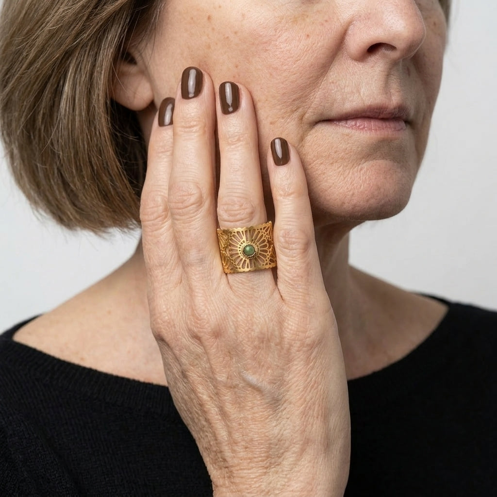 Women's Green Stone Mandala Wide Ring